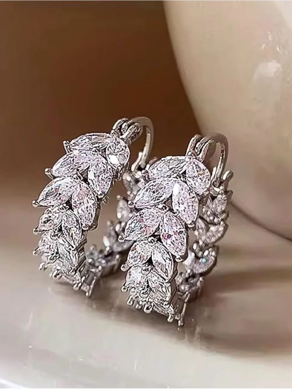 White Crystal Leaf Hoop Earrings - Elegant Women Jewelry. NWT.
